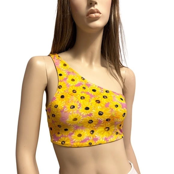 Zara One Shoulder Crop Top Tank Pullover Bralette Bandeau Sunflowers Floral - Picture 4 of 11